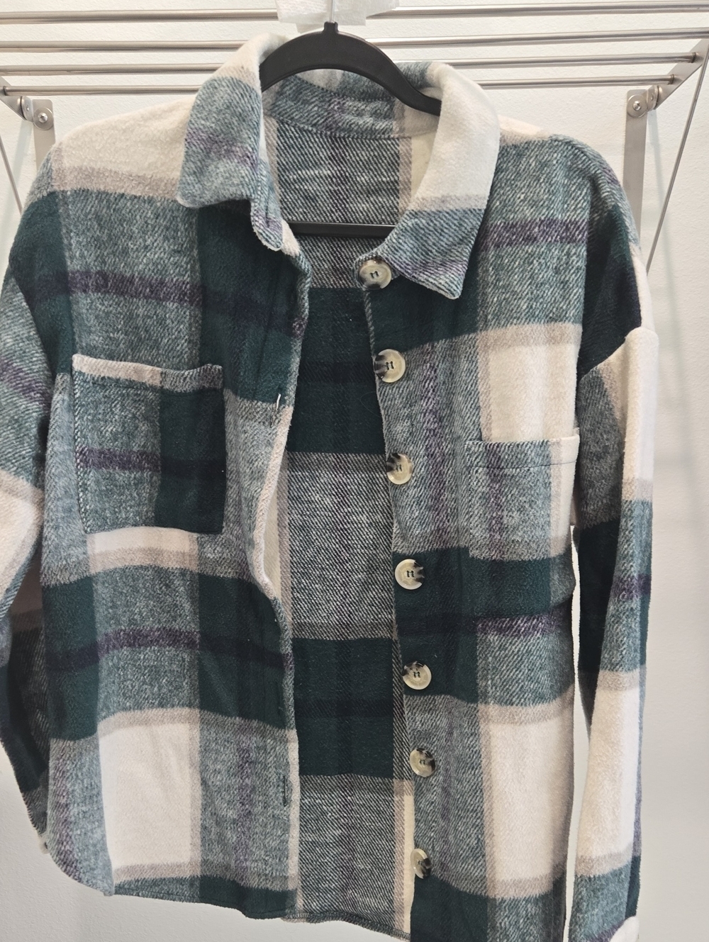 Green and Cream Plaid Button-Up Shacket